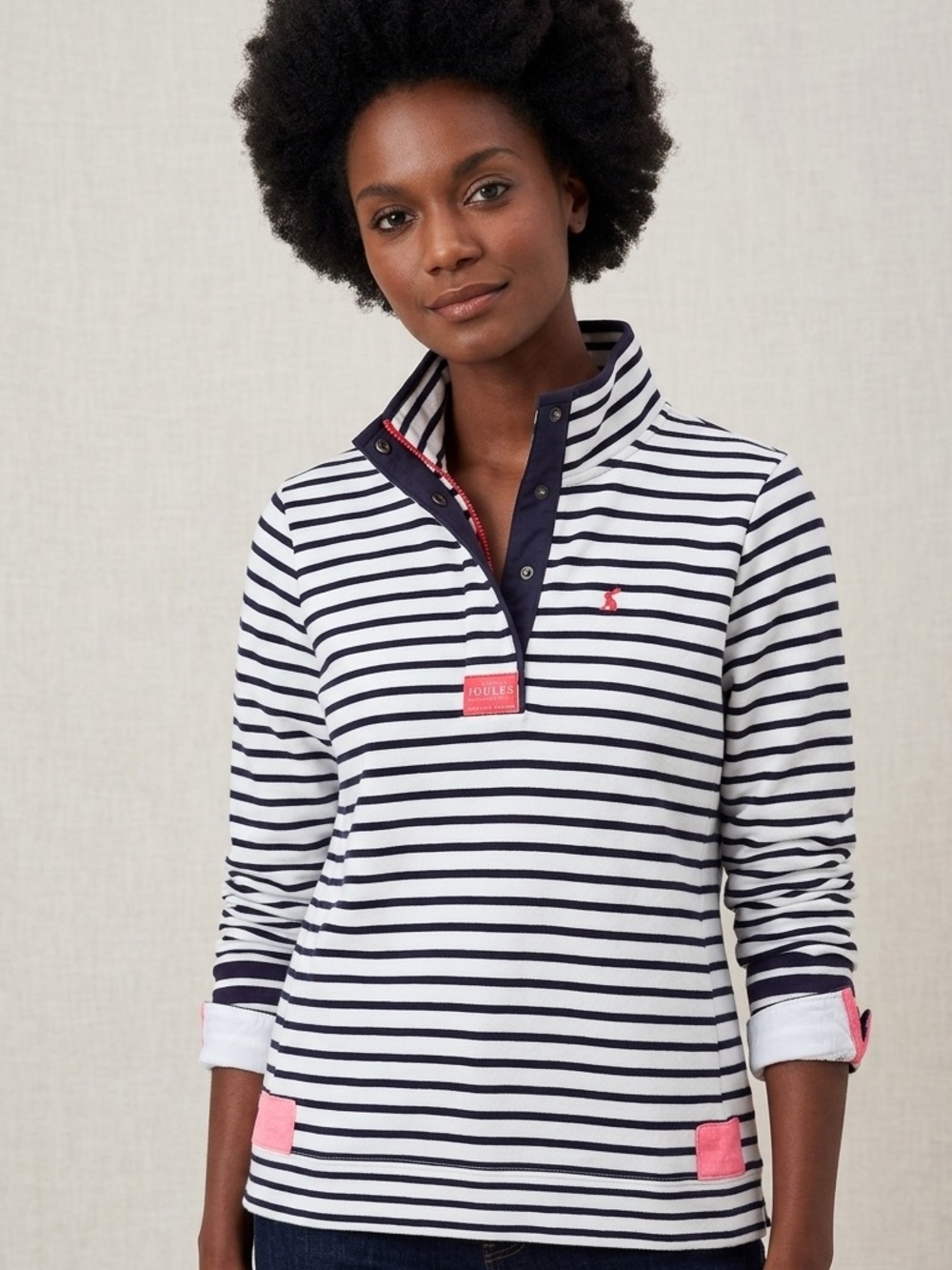 Joules size 10 ladies Navy & White Striped Funnel Neck Top with Pink Accents